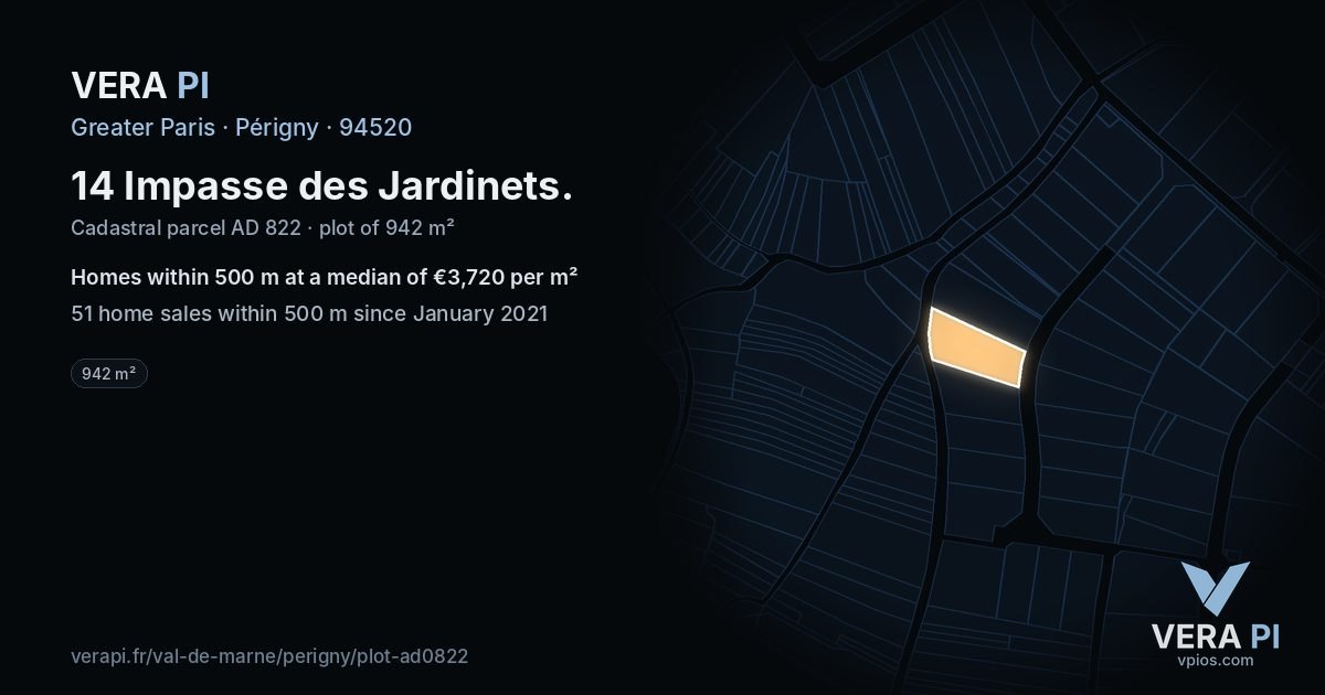 14 Impasse des Jardinets, Périgny at night – the plot lit, the parcels around coloured by the prices near them