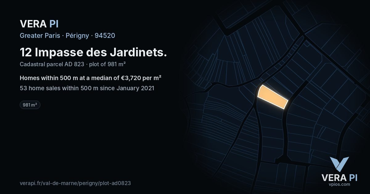 12 Impasse des Jardinets, Périgny at night – the plot lit, the parcels around coloured by the prices near them