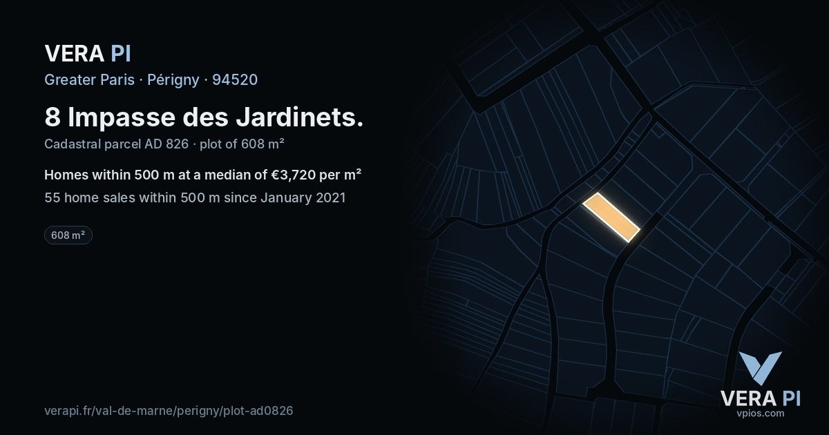 8 Impasse des Jardinets, Périgny at night – the plot lit, the parcels around coloured by the prices near them
