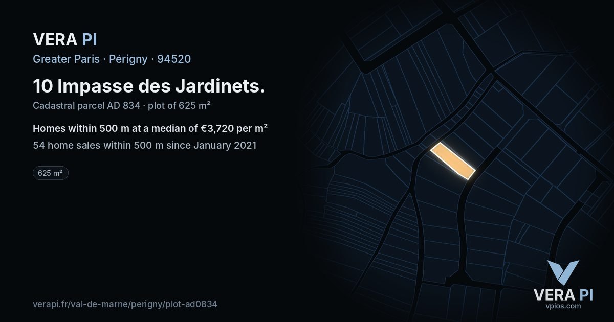 10 Impasse des Jardinets, Périgny at night – the plot lit, the parcels around coloured by the prices near them