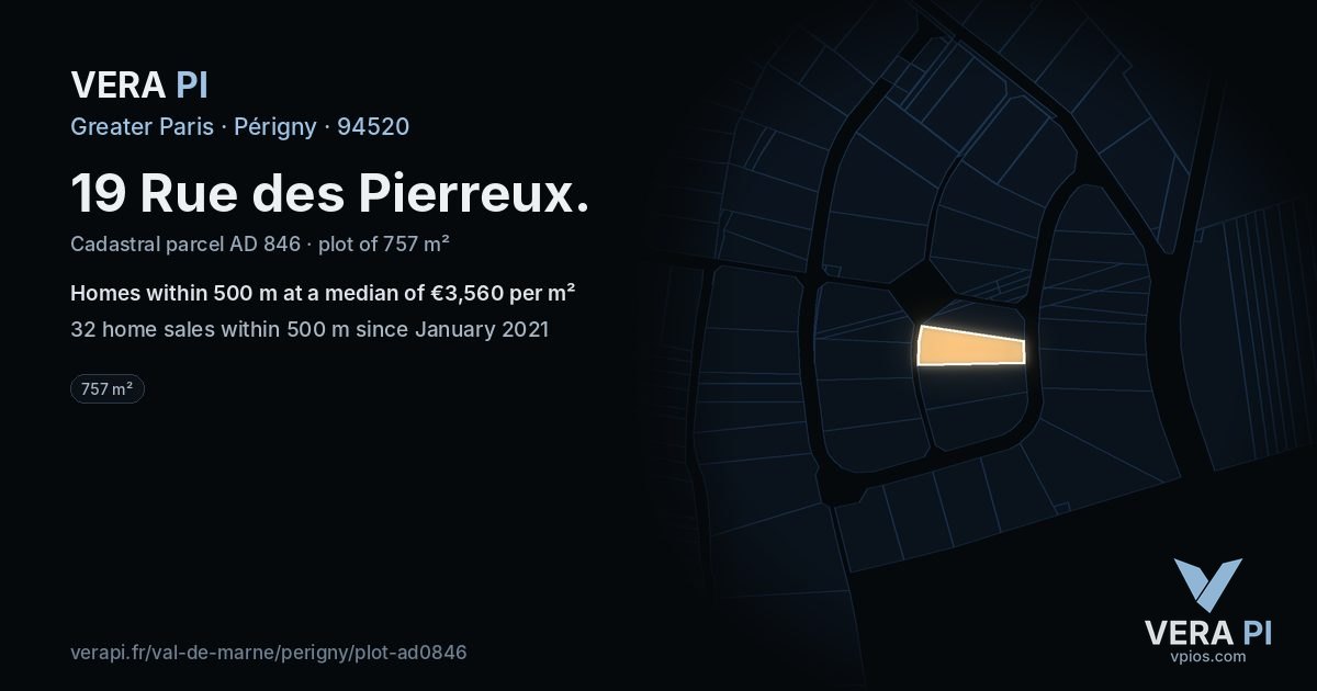 19 Rue des Pierreux, Périgny at night – the plot lit, the parcels around coloured by the prices near them
