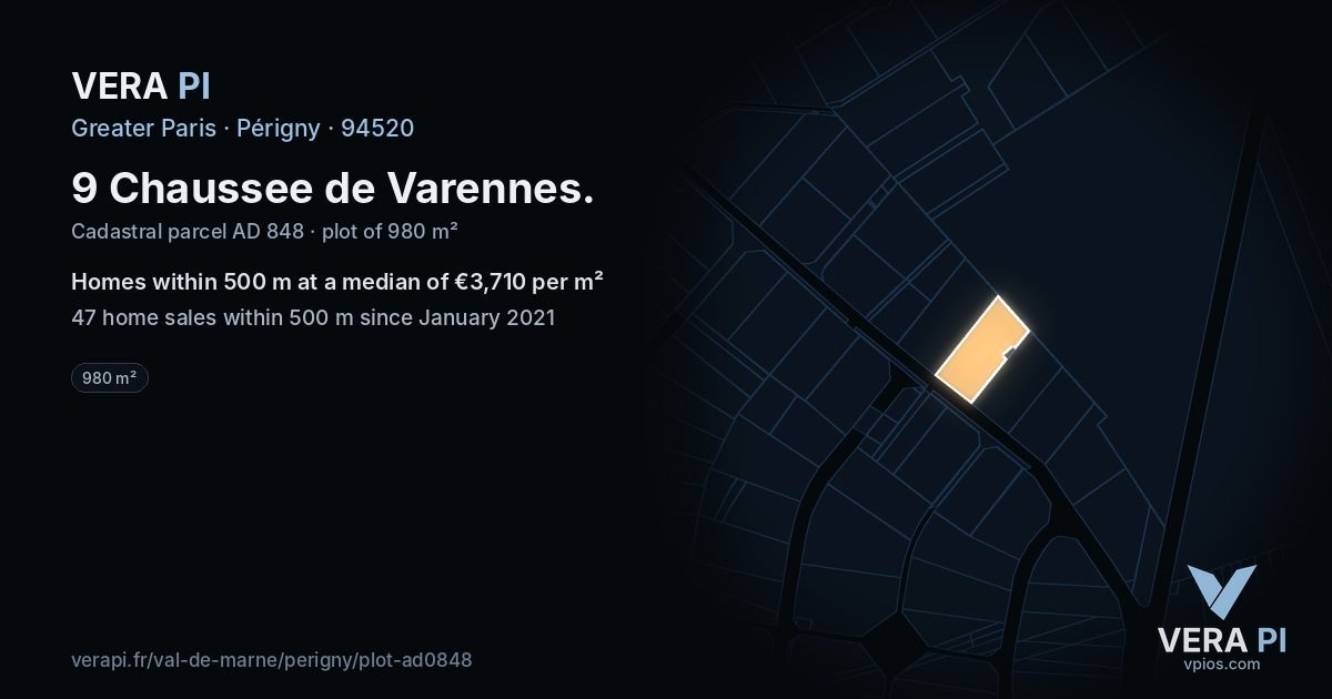 9 Chaussee de Varennes, Périgny at night – the plot lit, the parcels around coloured by the prices near them
