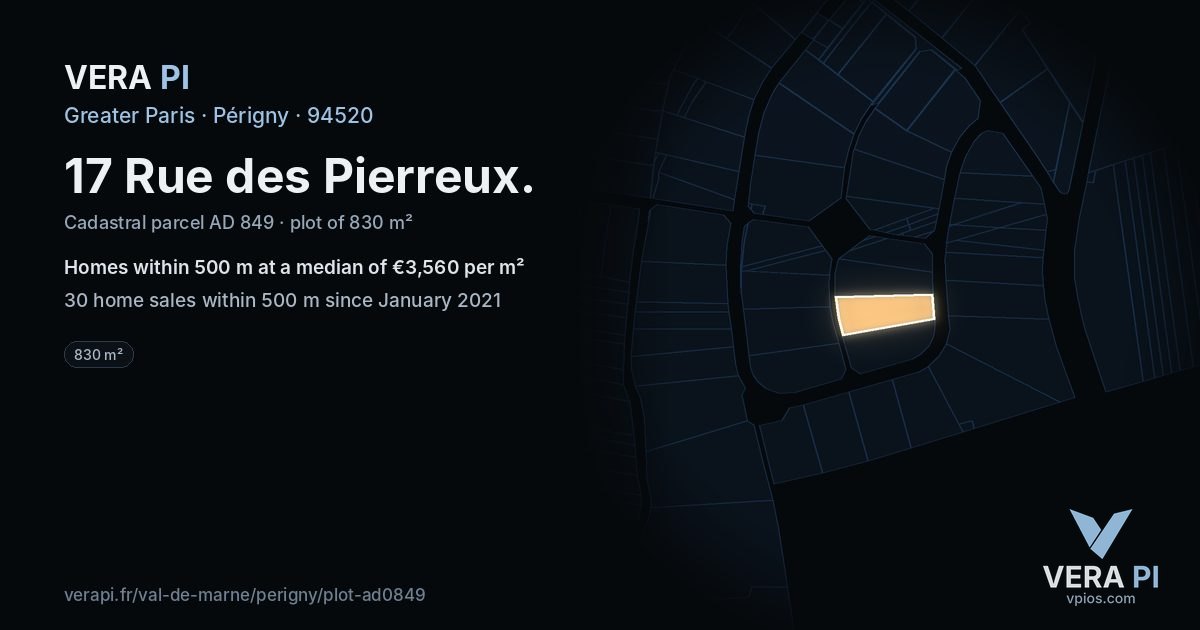 17 Rue des Pierreux, Périgny at night – the plot lit, the parcels around coloured by the prices near them