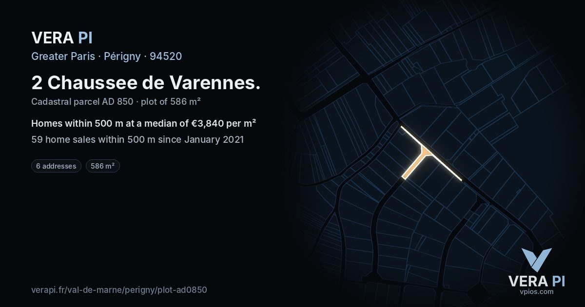 2 Chaussee de Varennes, Périgny at night – the plot lit, the parcels around coloured by the prices near them