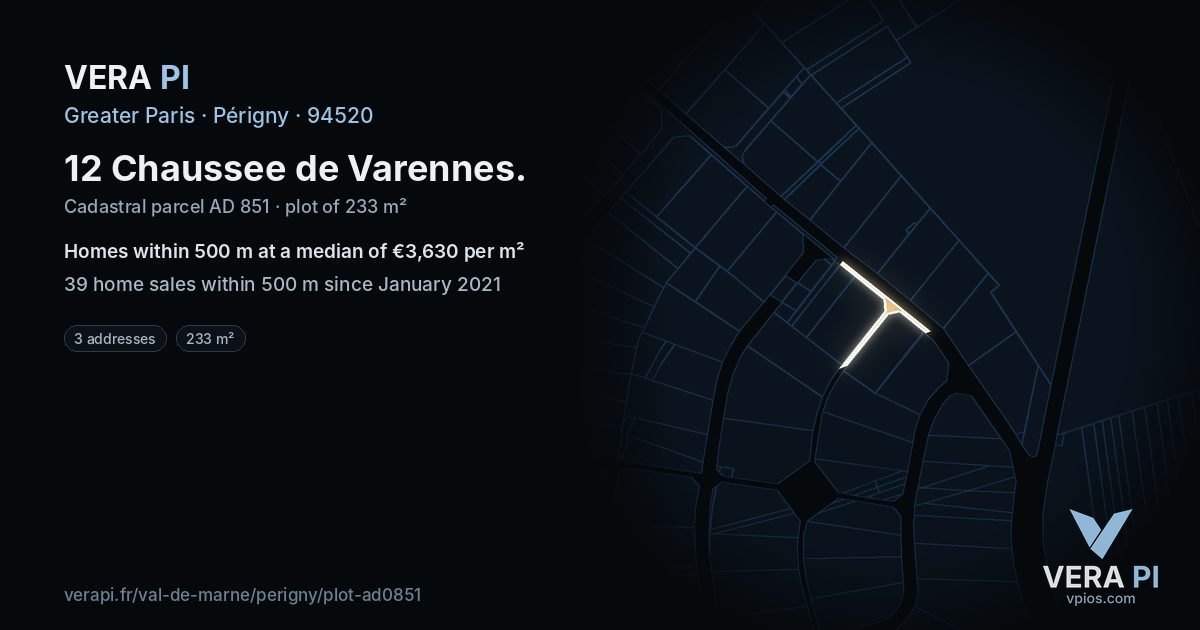 12 Chaussee de Varennes, Périgny at night – the plot lit, the parcels around coloured by the prices near them