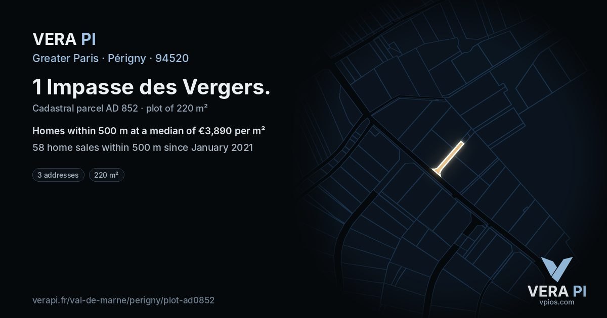 1 Impasse des Vergers, Périgny at night – the plot lit, the parcels around coloured by the prices near them