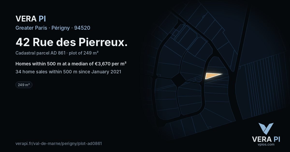 42 Rue des Pierreux, Périgny at night – the plot lit, the parcels around coloured by the prices near them
