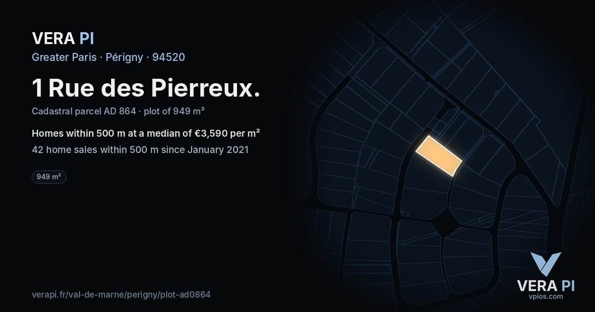 1 Rue des Pierreux, Périgny at night – the plot lit, the parcels around coloured by the prices near them