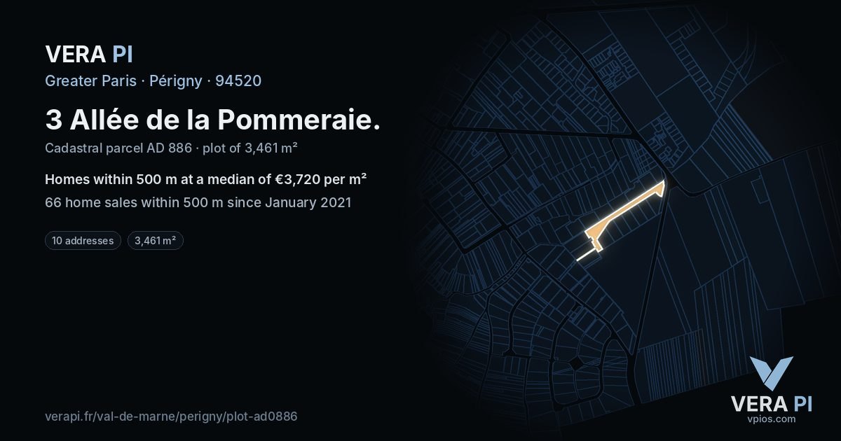 3 Allée de la Pommeraie, Périgny at night – the plot lit, the parcels around coloured by the prices near them