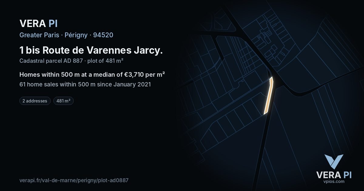 1 bis Route de Varennes Jarcy, Périgny at night – the plot lit, the parcels around coloured by the prices near them