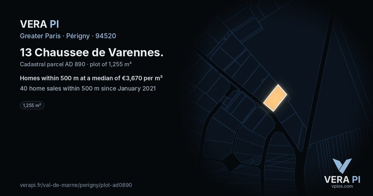 13 Chaussee de Varennes, Périgny at night – the plot lit, the parcels around coloured by the prices near them