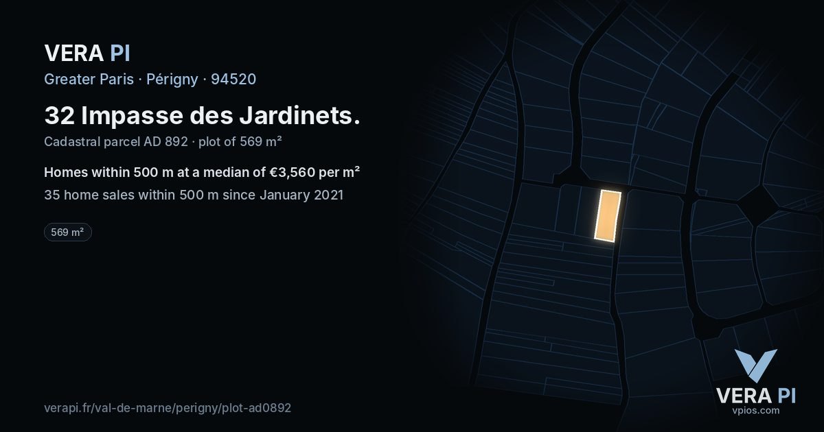 32 Impasse des Jardinets, Périgny at night – the plot lit, the parcels around coloured by the prices near them