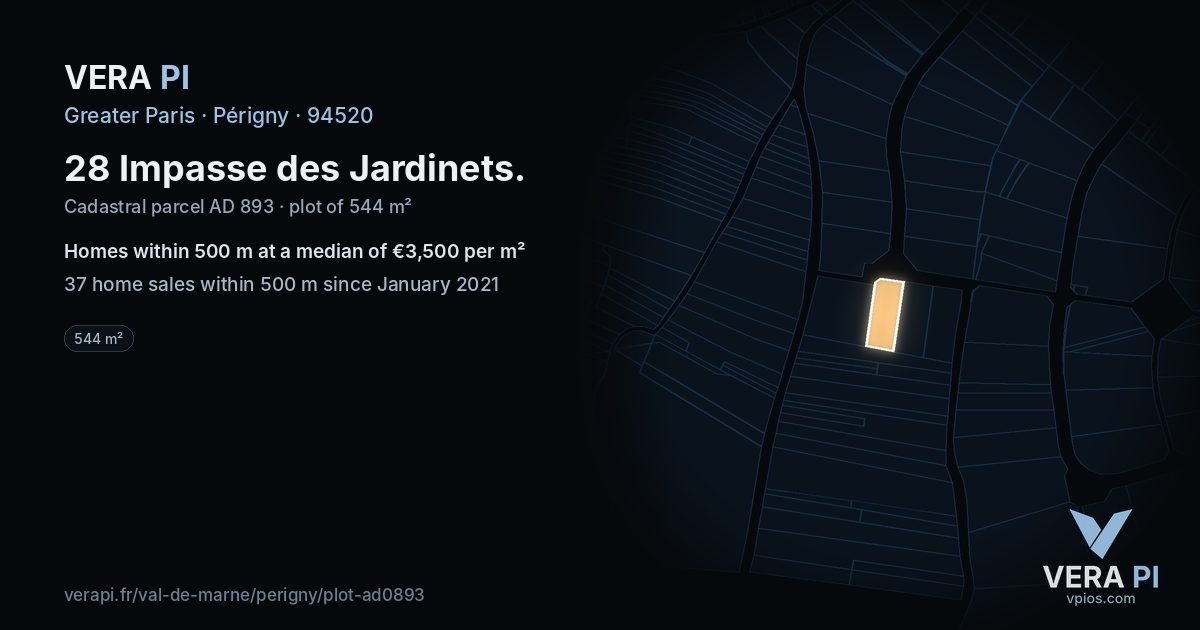 28 Impasse des Jardinets, Périgny at night – the plot lit, the parcels around coloured by the prices near them