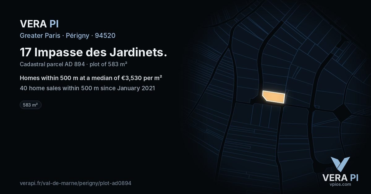 17 Impasse des Jardinets, Périgny at night – the plot lit, the parcels around coloured by the prices near them