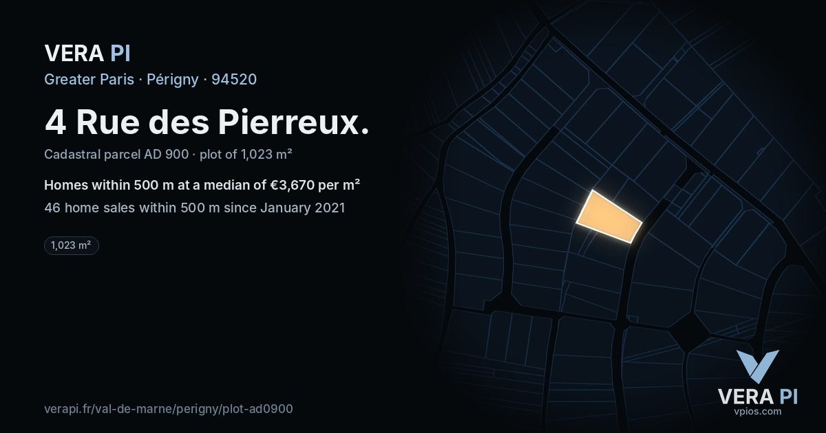 4 Rue des Pierreux, Périgny at night – the plot lit, the parcels around coloured by the prices near them