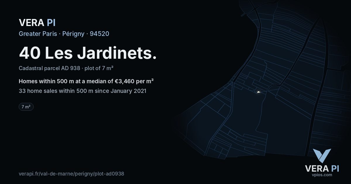 40 Les Jardinets, Périgny at night – the plot lit, the parcels around coloured by the prices near them