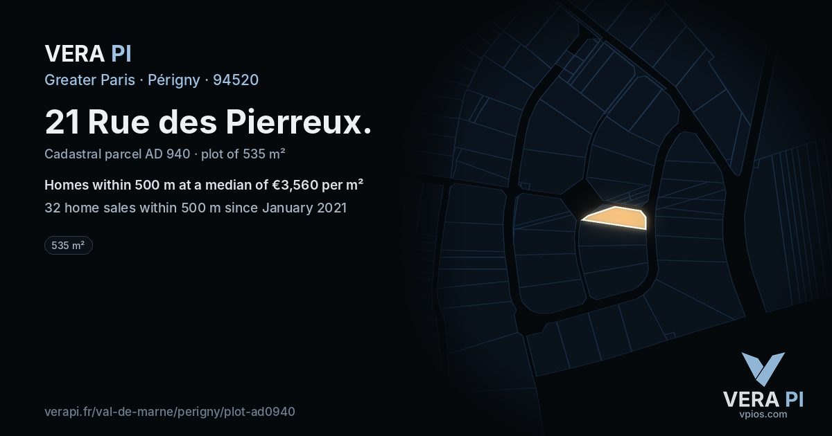 21 Rue des Pierreux, Périgny at night – the plot lit, the parcels around coloured by the prices near them