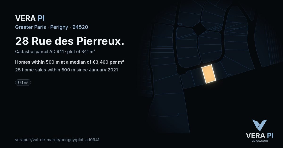 28 Rue des Pierreux, Périgny at night – the plot lit, the parcels around coloured by the prices near them