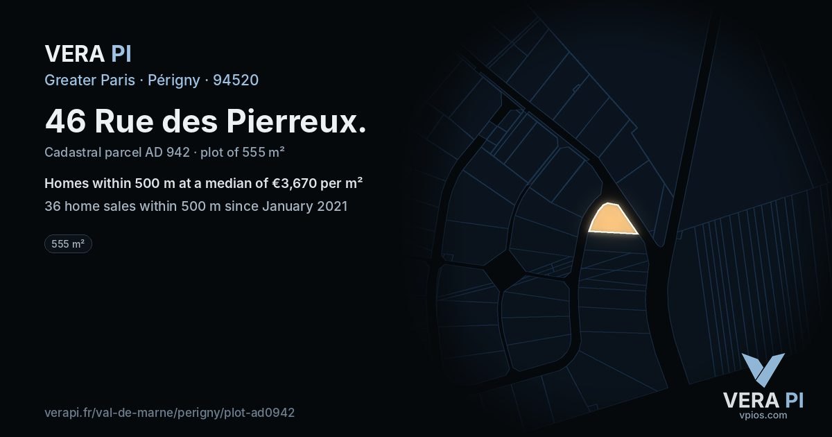 46 Rue des Pierreux, Périgny at night – the plot lit, the parcels around coloured by the prices near them