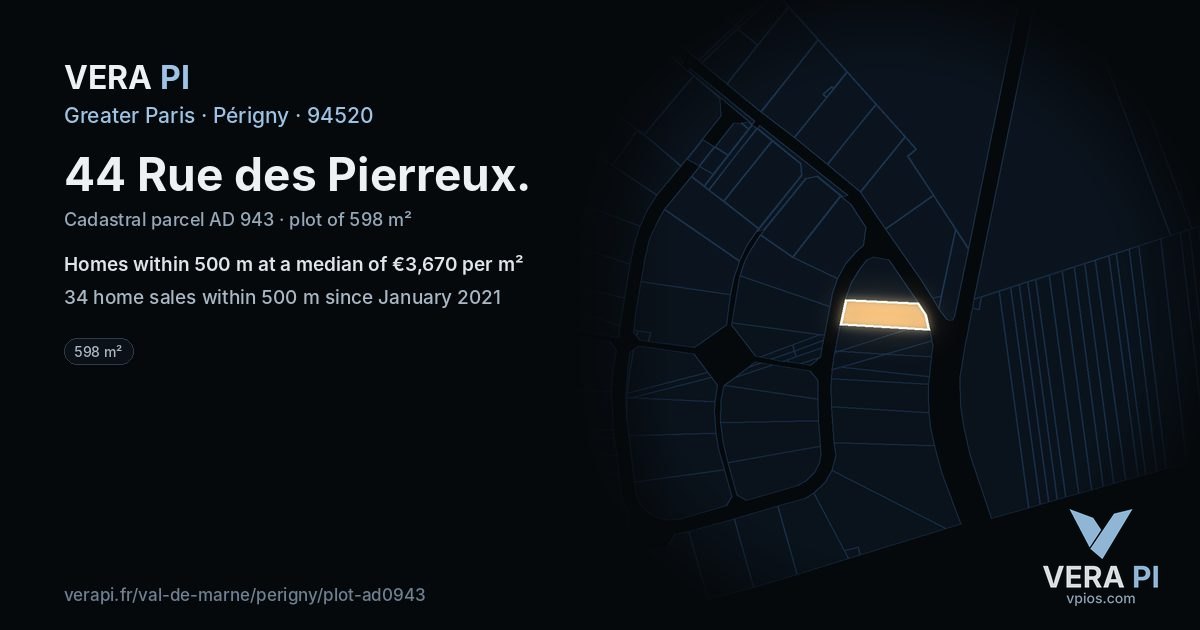 44 Rue des Pierreux, Périgny at night – the plot lit, the parcels around coloured by the prices near them
