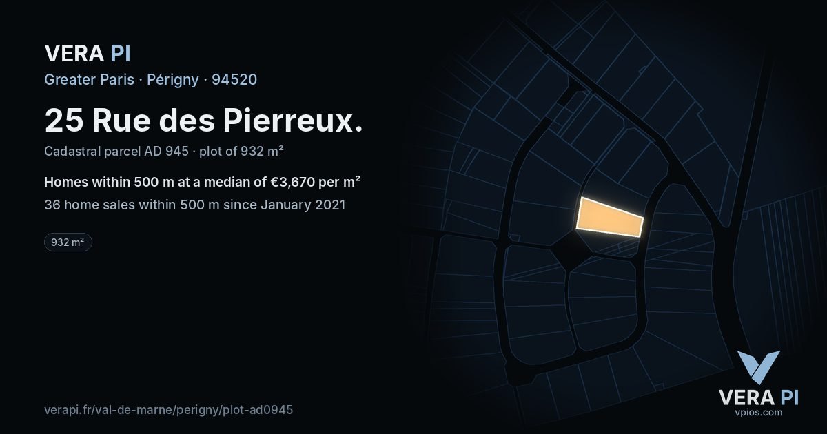 25 Rue des Pierreux, Périgny at night – the plot lit, the parcels around coloured by the prices near them