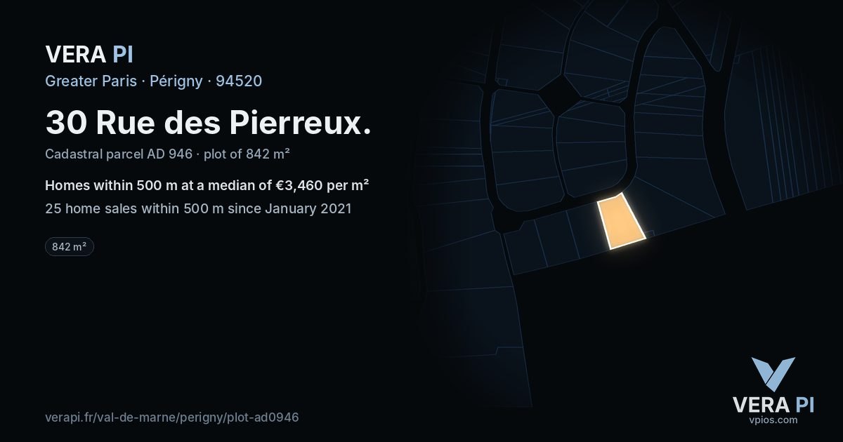 30 Rue des Pierreux, Périgny at night – the plot lit, the parcels around coloured by the prices near them