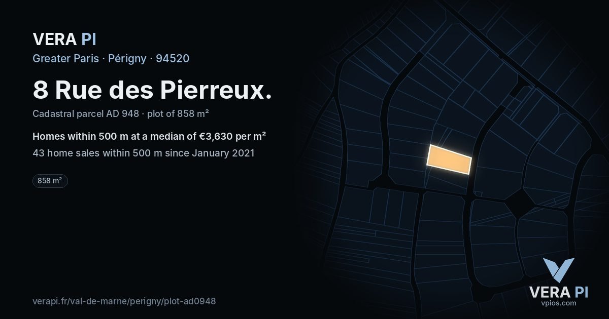 8 Rue des Pierreux, Périgny at night – the plot lit, the parcels around coloured by the prices near them
