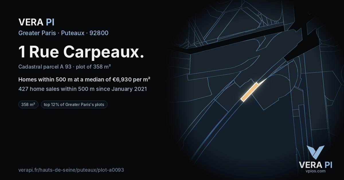 1 Rue Carpeaux, Puteaux at night – the plot lit, the parcels around coloured by the prices near them