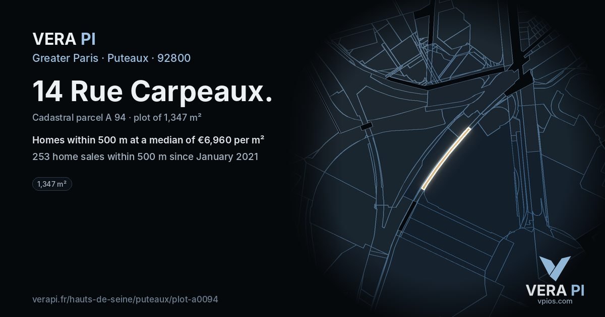 14 Rue Carpeaux, Puteaux at night – the plot lit, the parcels around coloured by the prices near them