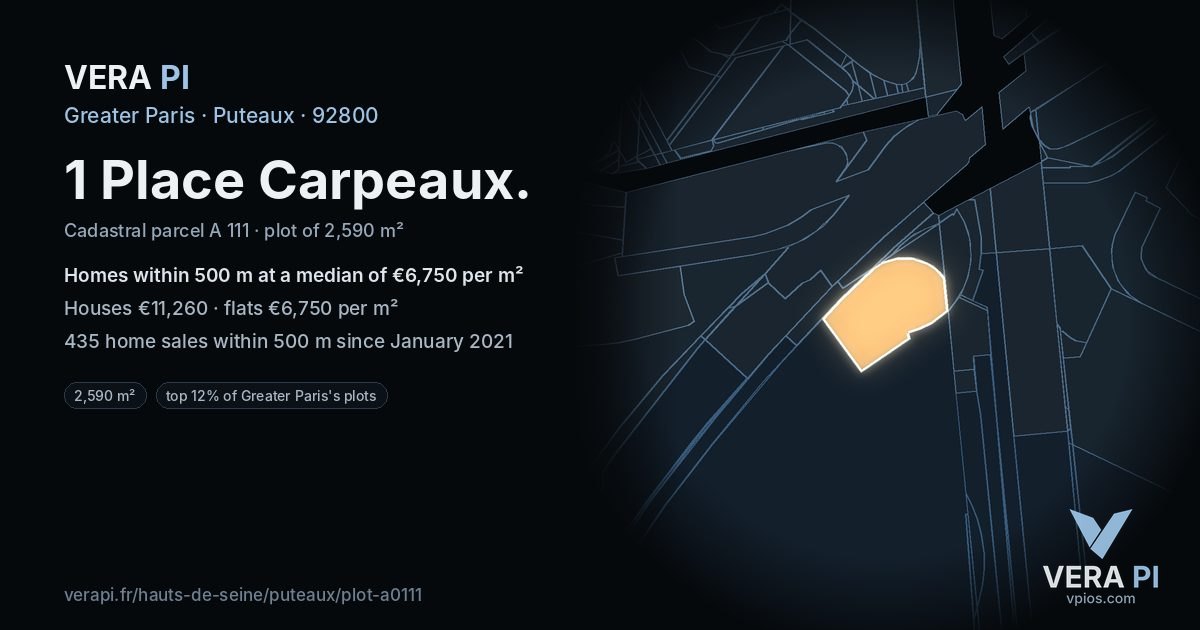 1 Place Carpeaux, Puteaux at night – the plot lit, the parcels around coloured by the prices near them