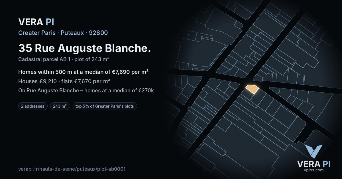 35 Rue Auguste Blanche, Puteaux at night – the plot lit, the parcels around coloured by the prices near them