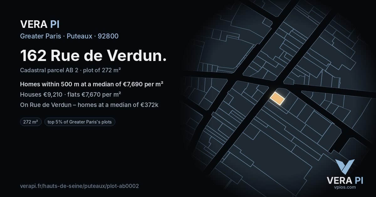 162 Rue de Verdun, Puteaux at night – the plot lit, the parcels around coloured by the prices near them