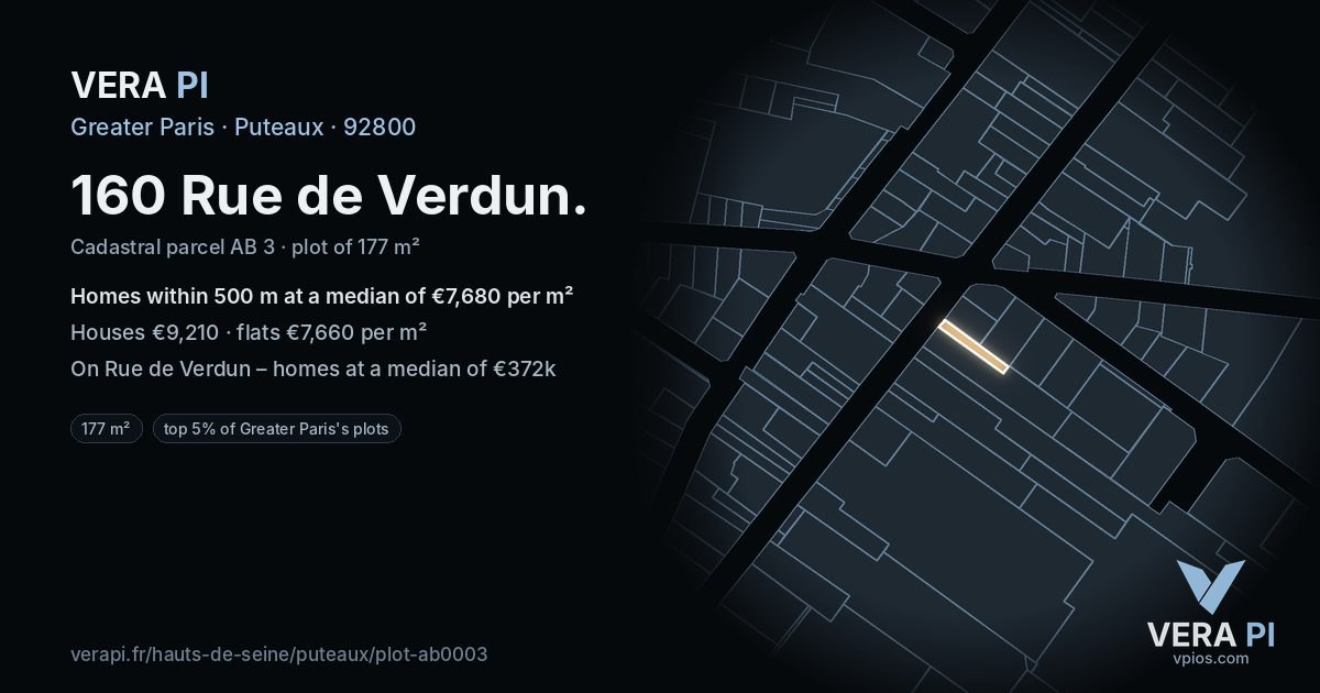 160 Rue de Verdun, Puteaux at night – the plot lit, the parcels around coloured by the prices near them