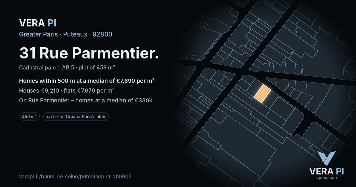 31 Rue Parmentier, Puteaux at night – the plot lit, the parcels around coloured by the prices near them