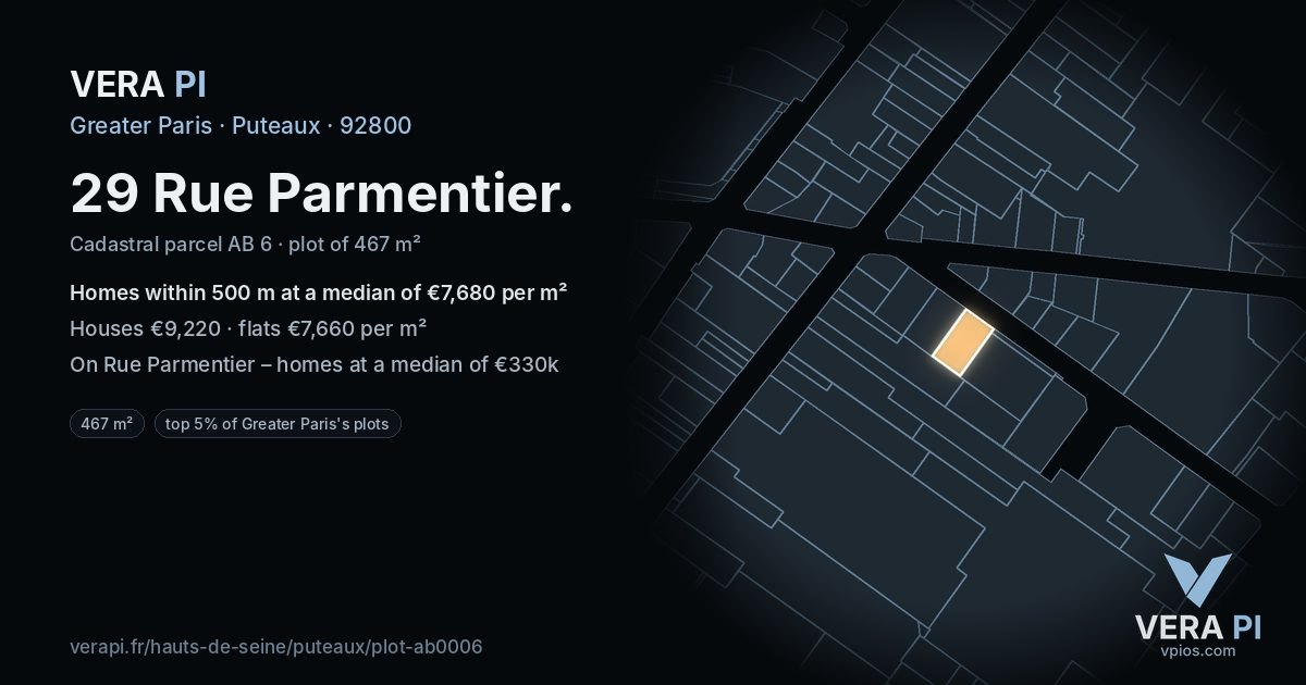 29 Rue Parmentier, Puteaux at night – the plot lit, the parcels around coloured by the prices near them