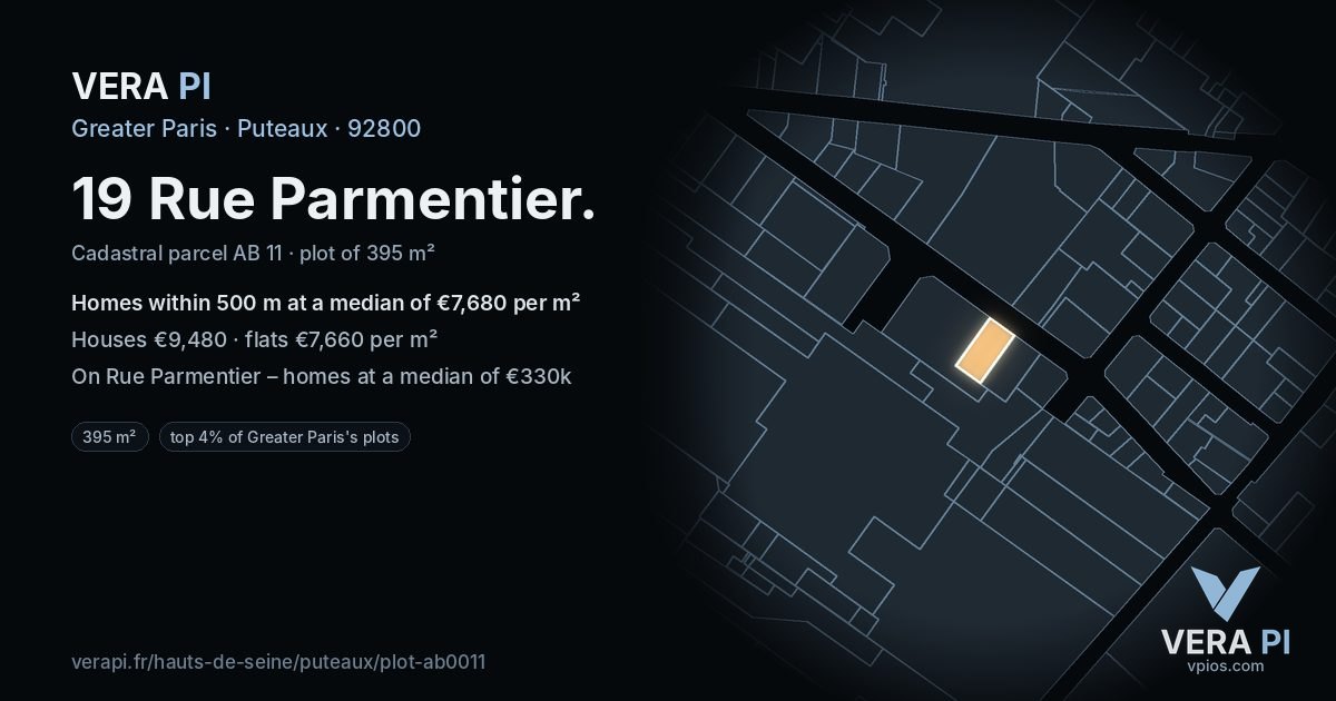 19 Rue Parmentier, Puteaux at night – the plot lit, the parcels around coloured by the prices near them