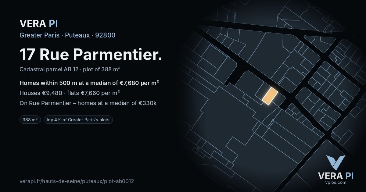 17 Rue Parmentier, Puteaux at night – the plot lit, the parcels around coloured by the prices near them