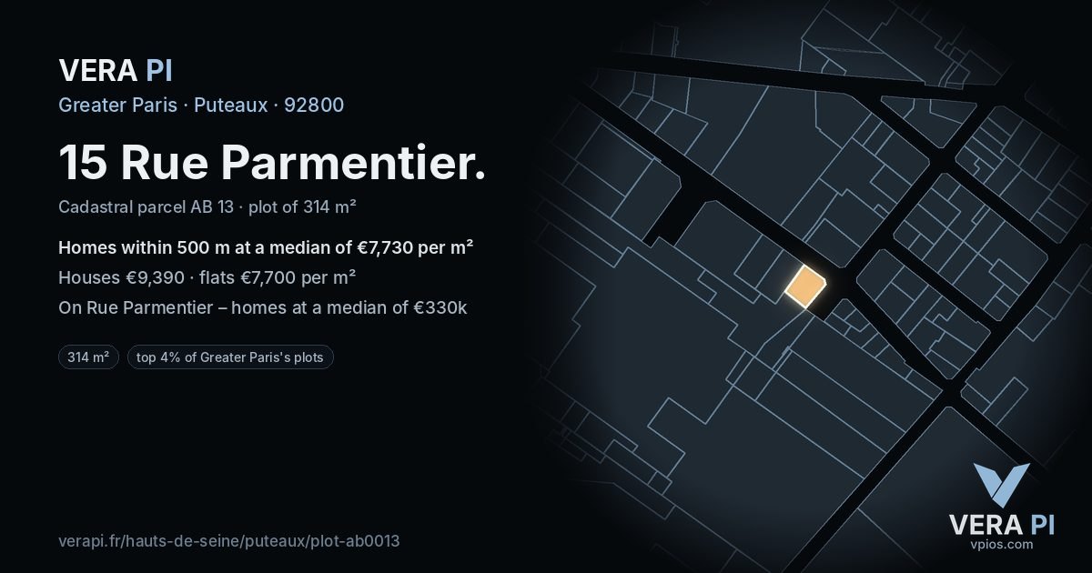 15 Rue Parmentier, Puteaux at night – the plot lit, the parcels around coloured by the prices near them
