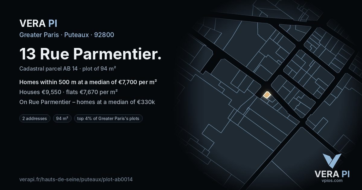13 Rue Parmentier, Puteaux at night – the plot lit, the parcels around coloured by the prices near them