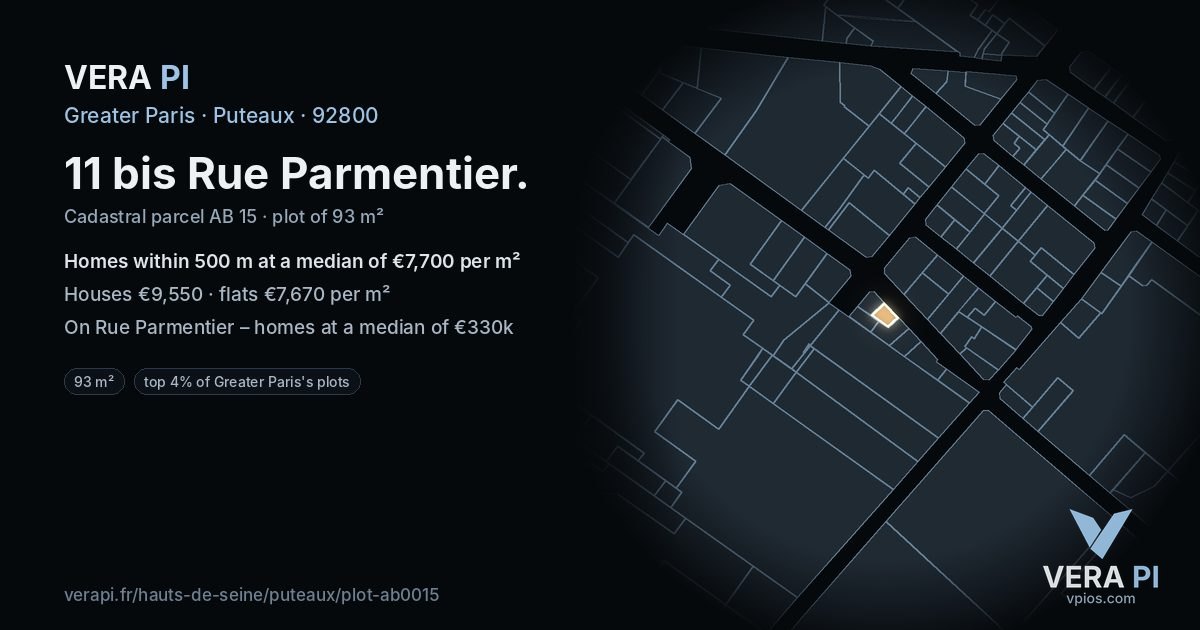 11 bis Rue Parmentier, Puteaux at night – the plot lit, the parcels around coloured by the prices near them