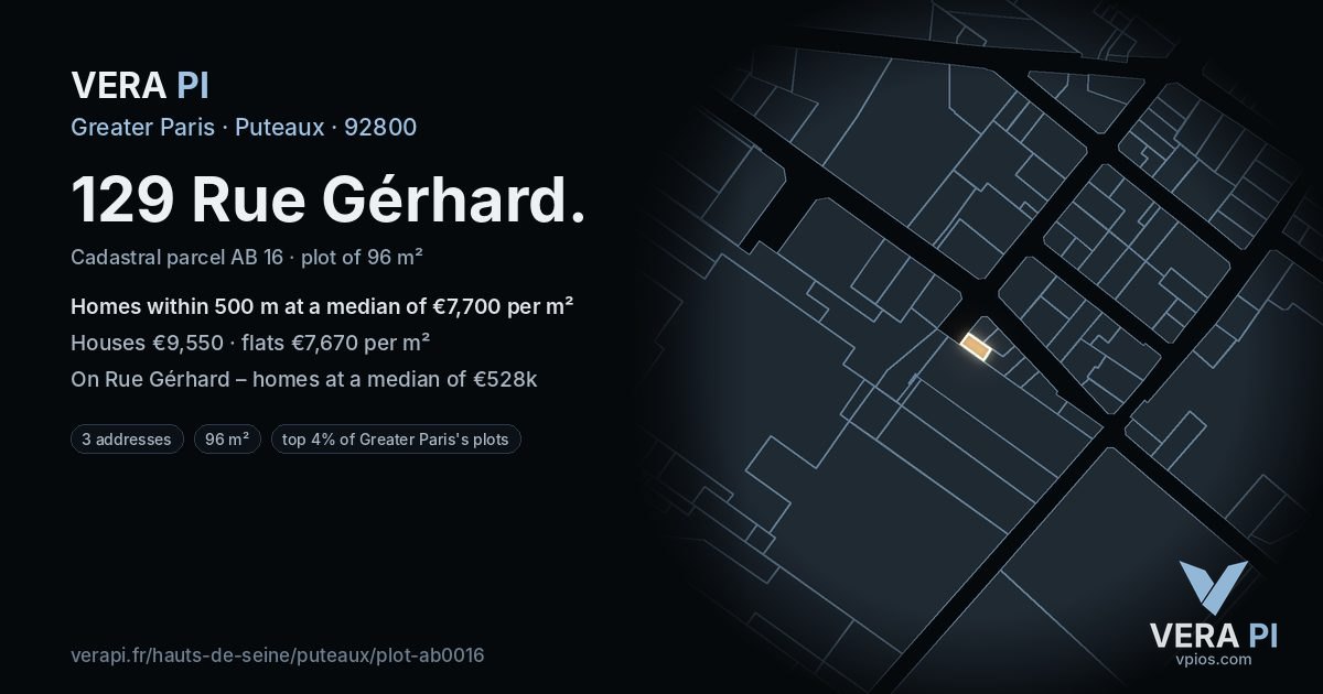 129 Rue Gérhard, Puteaux at night – the plot lit, the parcels around coloured by the prices near them