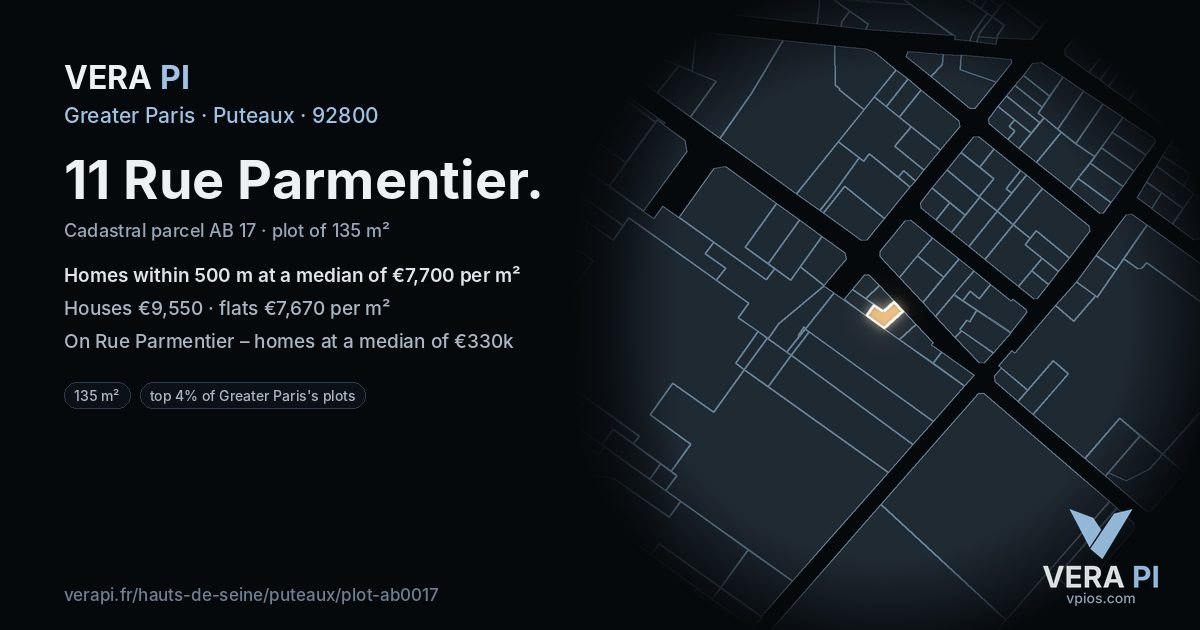 11 Rue Parmentier, Puteaux at night – the plot lit, the parcels around coloured by the prices near them