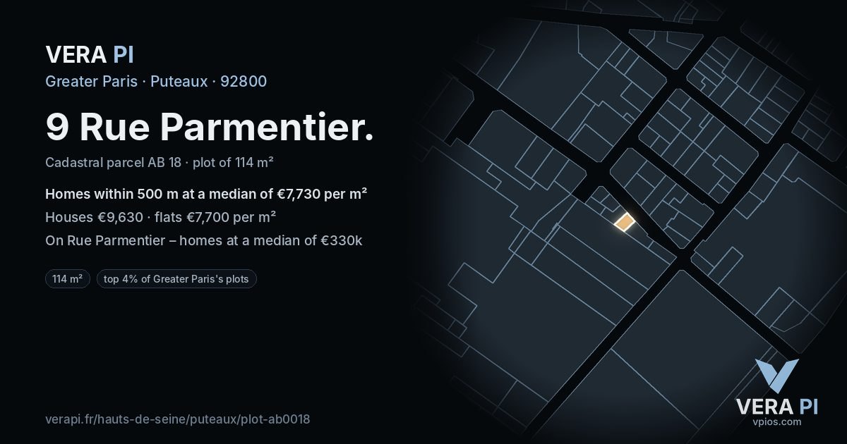 9 Rue Parmentier, Puteaux at night – the plot lit, the parcels around coloured by the prices near them
