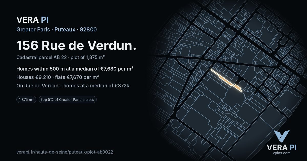 156 Rue de Verdun, Puteaux at night – the plot lit, the parcels around coloured by the prices near them