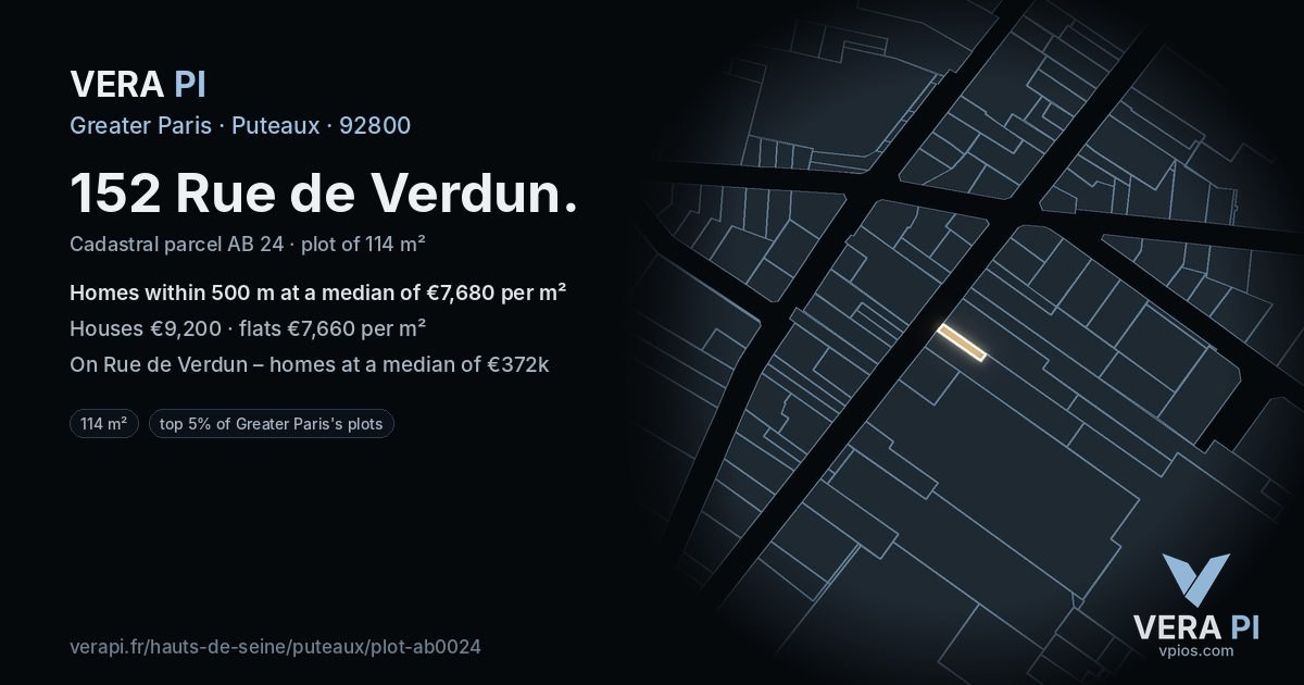 152 Rue de Verdun, Puteaux at night – the plot lit, the parcels around coloured by the prices near them