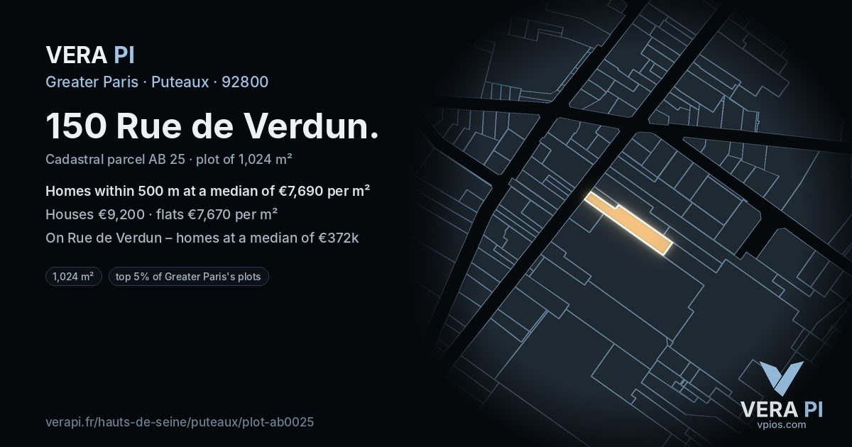 150 Rue de Verdun, Puteaux at night – the plot lit, the parcels around coloured by the prices near them