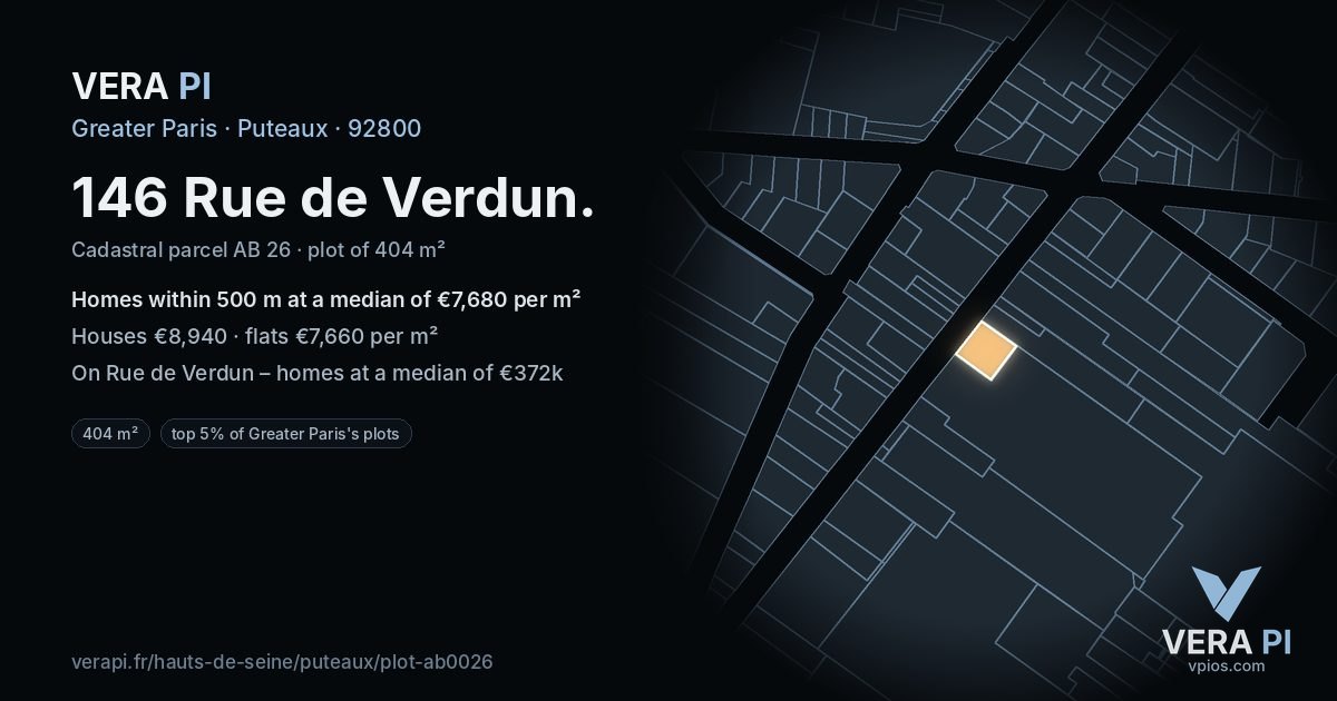 146 Rue de Verdun, Puteaux at night – the plot lit, the parcels around coloured by the prices near them