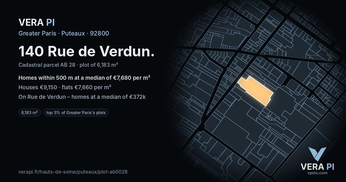 140 Rue de Verdun, Puteaux at night – the plot lit, the parcels around coloured by the prices near them