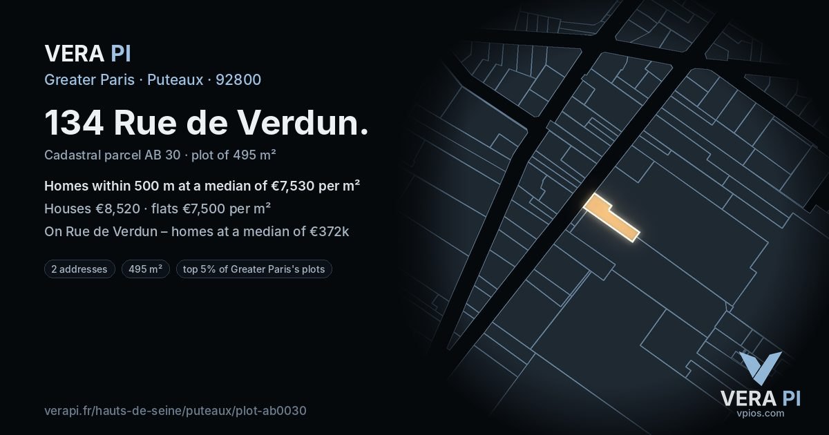 134 Rue de Verdun, Puteaux at night – the plot lit, the parcels around coloured by the prices near them