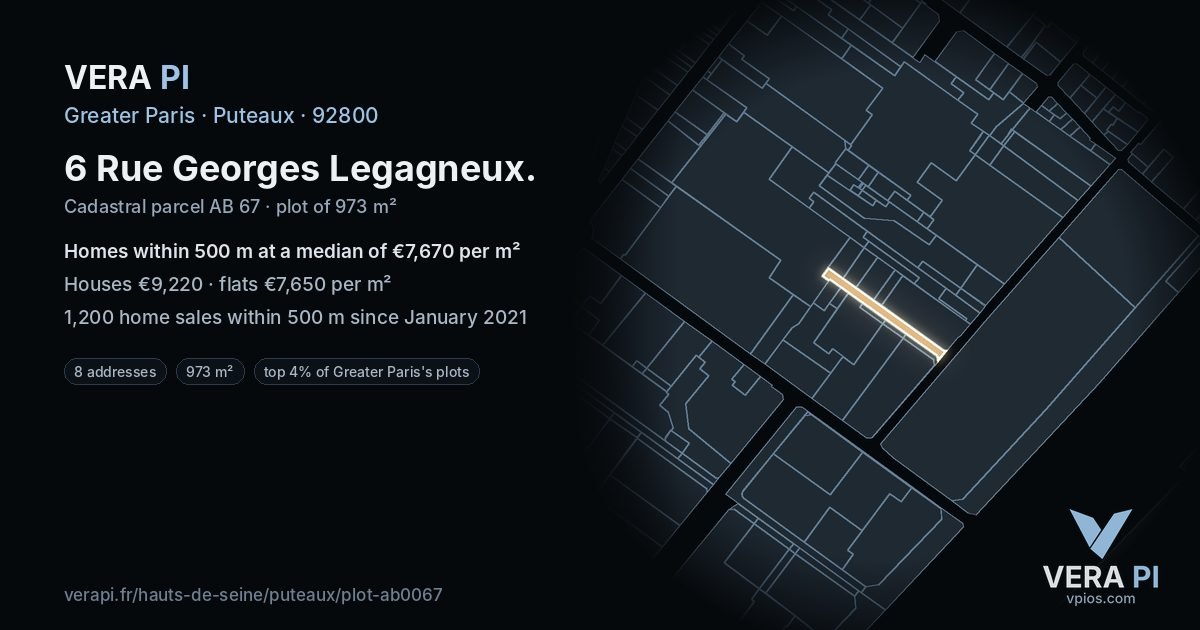 6 Rue Georges Legagneux, Puteaux at night – the plot lit, the parcels around coloured by the prices near them